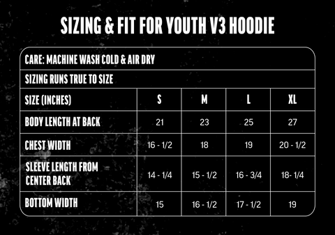 Short sleeve hoodie size chart