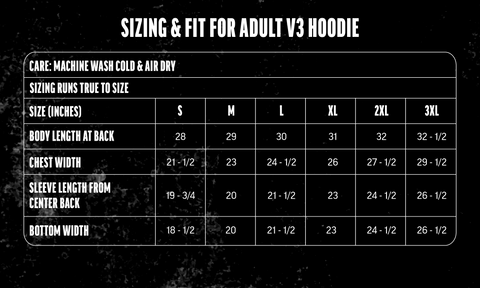Short sleeve hoodie size chart