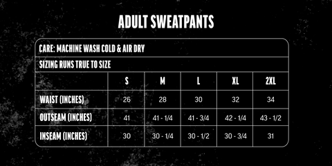Sweatpants size chart